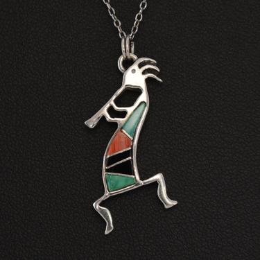 80's Rock Kritters Kokopelli sterling green turquoise onyx spiny oyster pendant, BG Mudd 925 silver stone inlay necklace 
