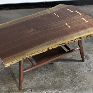 Live edge walnut mid century style coffee table with shelf prototype Message for shipping quote 