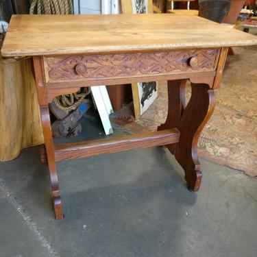 Solid Oak Trestle Table with Carved Drawer
