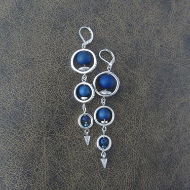 Long silver geometric earrings, brutalist earrings, mid century modern earrings, bold statement earrings, royal blue agate beaded earrings 