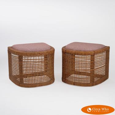 Pair of Half Moon Rattan Wrapped Stools