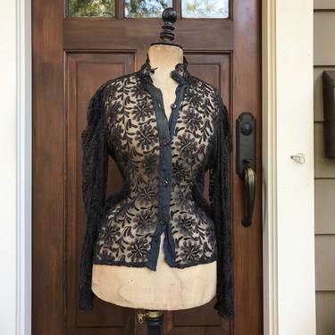 Black Lace Blouse, Long Sleeve, Button Down, Sheer 