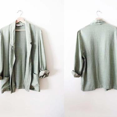 Vintage 90s Linen Blend Jacket M - 1990s Sage Green Slouchy Linen Chore Jacket - Earth Tone Clothing - Casual Baggy Chore Jacket 
