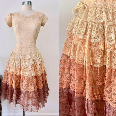 1950s Ombre Peach Cream &amp; Mauve Vintage Lace Dress / Tiered Skirt Party Dress / Neutral Lace Dress by New Deb / Size 4/6 or Small 