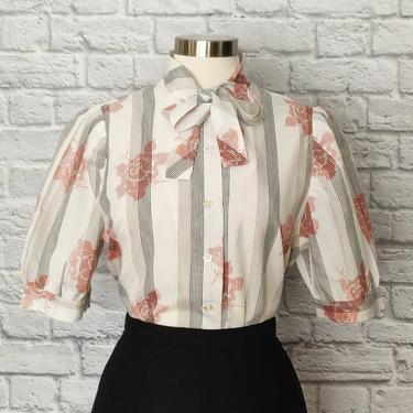 Vintage 80s Striped Floral Bow Blouse // Necktie Button-Up Puffed Sleeves 