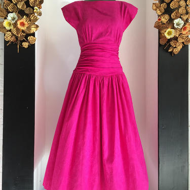 1980s full skirt dress, vintage 80s dress, 1950s style dress, pink cotton dress, fit and flare dress, size x small, cummerbund 