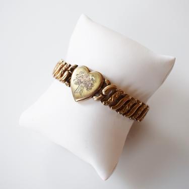 1940s Gold Sweetheart Expansion Bracelet | Heart Charm and Flower Bouquet | Vintage Victorian Revival Gold Bracelet 
