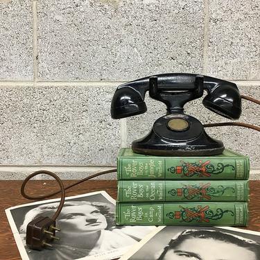 Antique Crank Telephone Retro 1930's Bakelite Metal Black Phone with Four Prong Wall Plug and Long Threaded Cord 