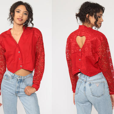Heart Cutout Shirt Red Lace Top Western Cropped Blouse Collared Shirt 80s Button Up Long Sheer Sleeve Dress Cowgirl 1980s Romantic Large L 