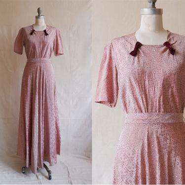 Vintage 40s Floral Mauve Gown with Velvet Bows/ 1940s Short Sleeve Long Iridescent Dress/Size Medium 