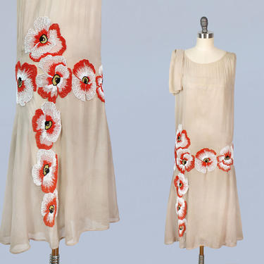RESERVED -- 1920s Dress / 20s Cream Beige BEADED Floral Silk Dress / Pansies Poppies / Flapper 