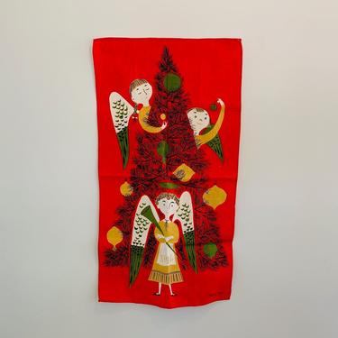 Vintage Mid Century Modern Holiday Angels Linen Tea Towel Wall Hanging designed by Tammis Keefe made by Fallani & Cohn 
