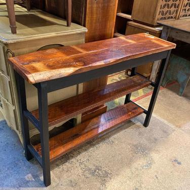 Reclaimed wood console with two open shelves. 44” x 12” x 30.5” shelves are 6” high and 17.5” high, 6.25” wide