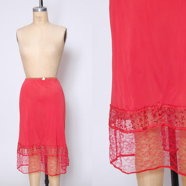 Vintage 60s red nylon half slip / 1960s lace slip / 60s embroidered slip / slip with bow / vintage lingerie / embroidered ruffle slip 