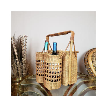 Vintage Boho Wicker Picnic Basket | Rattan Wine &amp; Cheese Date Basket | Boho Travel Caddy | MCM Home Decor 