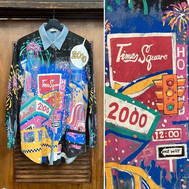 Vintage 1980’s New York City Times Square Pop Art Painted Denim Shirt, Y2K New Year, Vintage Painted Button Down, Vintage Clothing 