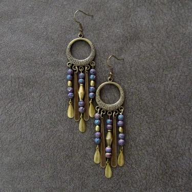 Bronze ethnic earrings, chandelier earrings, statement earrings, chunky bold earrings, etched metal earrings, blue multicolor earrings 22 