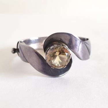 Vintage Taxco Silver & Citrine Bracelet, Modernist Sterling Silver Bangle w/ Faceted Solitaire 
