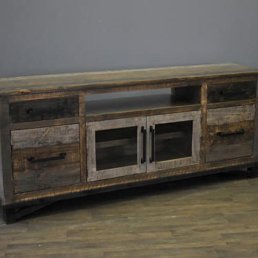 Farmhouse Rustic Solid wood 75 inch TV stand Media Consoe with 2-drawers 4-doors &amp; Open Shelf 