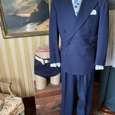 Vintage Men’s 1940s 50s Blue 2 Piece Dbl Brst Suit - Size 38 39 R 
