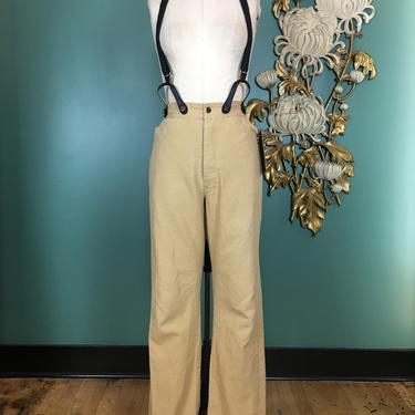 1940s style pants, high waist, vintage pants, camel cotton, size medium, pants with suspenders, menswear style, 40s slacks, workwear, 30 31 