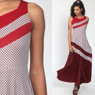 70s Maxi Dress Red Geometric Striped Mod Dress Bohemian Hippie 1970s High Waisted Boho Sleeveless Graphic Vintage Polyester Extra Small xs 