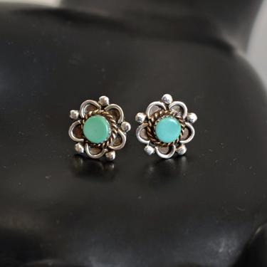 Dainty 70's sterling turquoise Southwestern floral boho studs, unusual abstract 925 silver blue &amp; green stone flower hippie earrings 