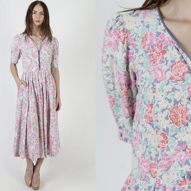 Vintage 80s Laura Ashley Floral Dress / 1980s Pastel Rose Flower Dress / Womens Garden Lawn Clothing / Blue Cotton Midi Maxi UK 12 US 10 