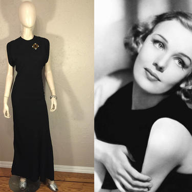 Francis Farmer Stuns - Vintage 1930s Black Textured Silk Rayon Evening Gown Dress w/Open Split Back 