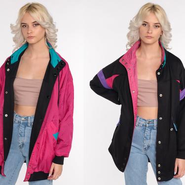 Reversible Windbreaker Jacket -- Black + Pink Jacket 80s Zip Up Jacket Vintage Sports Jacket 90s Windbreaker Geometric Small Medium Large 