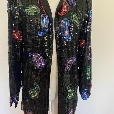 80's Vintage PAISLEY sequin beaded duster, abstract sequin duster jacket, HARLEY QUINN jacket, long beaded cocktail jacket opera small s 