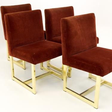 Milo Baughman Style Upholstered Brass Mid Century Modern Dining Chairs - Set of 4 - mcm 