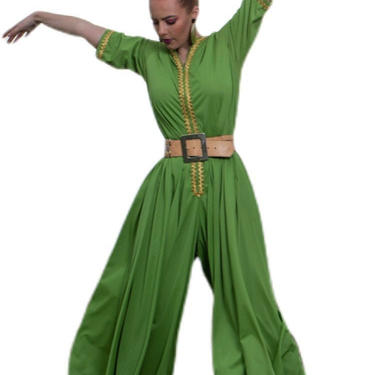 1970’s Vintage BELL LEG Jumpsuit, vintage green palazzo Jumpsuit sheet lightweight material deep v zipper in gold trim made in USA size m/l 