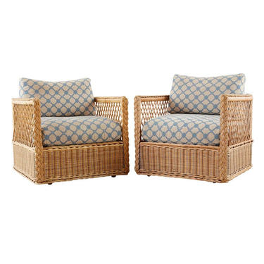 Pair of McGuire Rattan Wicker Lounge Chairs with Ottoman by ErinLaneEstate