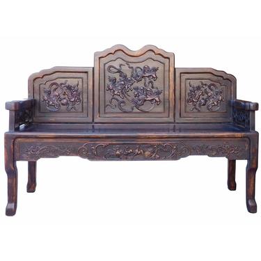 Chinese Distressed Brown Floral Foo Dogs Motif Double Seat Bench cs1995S