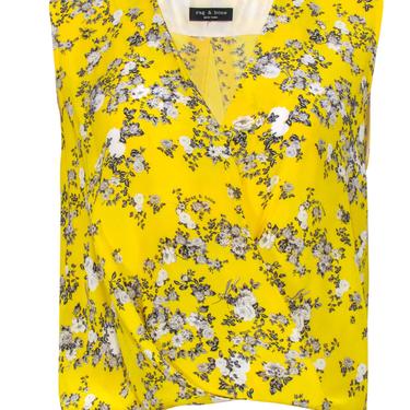 Rag & Bone - Yellow Floral Silk V-Neck Draped Sleeveless Blouse Sz S