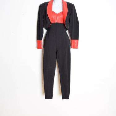 vintage 80s jumpsuit CACHE black red leather romper one piece outfit jacket set XS clothing 