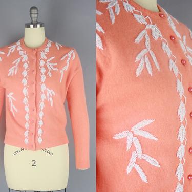 1950s APRICOT Beaded Sweater | Vintage 50s 60s Lambswool Angora Cardigan with White Beadwork | small 