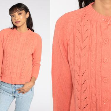 Salmon Pink Cable Knit Cardigan 70s Boho Sweater Grandma Sweater Cableknit Button Up 80s Vintage Bohemian 1970s Boho Small S 