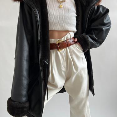 Vintage Black Fox Fur Hooded Leather Jacket