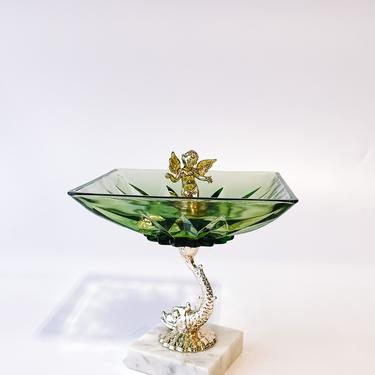 Cherub Green Glass Pedestal Catchall