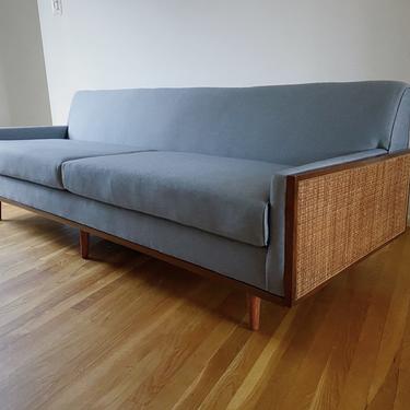 Midcentury modern cane arm sofa in Maharam fabric vintage restored 