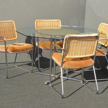 Vintage Mid Century Dining Set Table &amp; Four Chrome Rattan Orange Velvet Chairs 