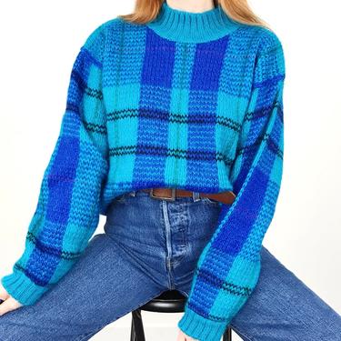 Vintage Mohair Fuzzy Plaid Pullover Sweater 