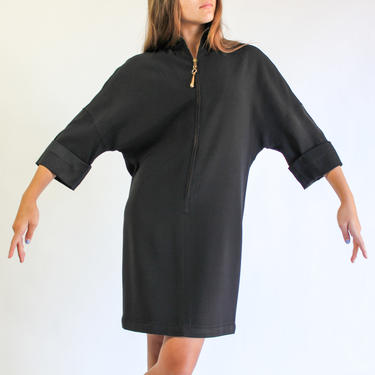 Vintage 80s Gianfranco Ferre Black Avant Garde Gabardine Shift Dress | Made in Italy | 100% Wool | Mod, Minimalistic | 1980s Designer Dress 