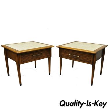 Pair of Mid Century Modern Lane Style Walnut &amp; Travertine One Drawer End Tables