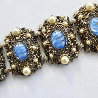 Wide Art Glass and Faux Pearl Bracelet 
