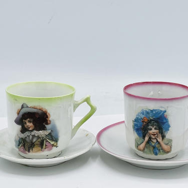 Victorian set of two Porcelain Tea Cup and Saucer with Young Girl and Boy Portrait - Germany- Children's Cups 