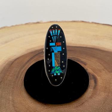 SKY WORSHIP Gilbert Smith Inlay Ring | Native American Navajo Southwestern | Silver, Turquoise, Coral, Jet Jasper Opal | Size 7 