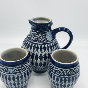 Vintage3 PC Set of  of Marzi & Remy, W. Germany, cobalt blue and grey salt glaze stoneware  pitcher and (2) Cups 